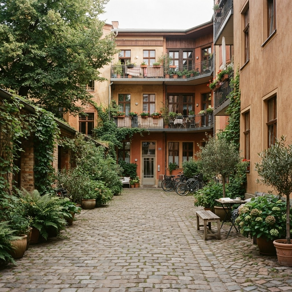 Ruhiger begrünter Innenhof eines sanierten Wohnhauses